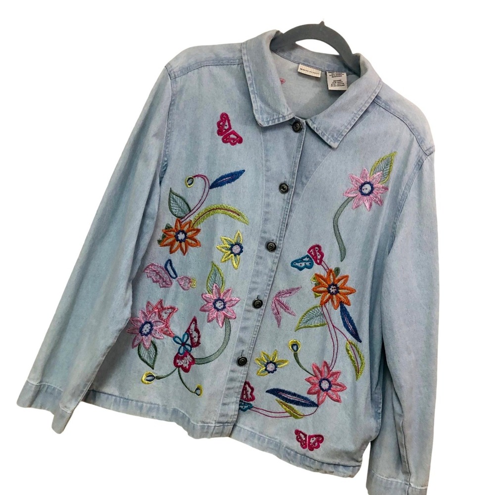 Y2K Denim Jean Jacket Blue Floral Butterfly Embroidered Boho Grandma Women L